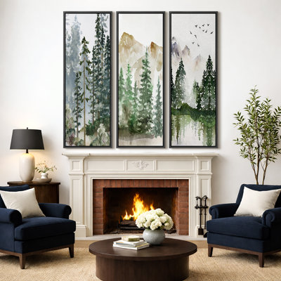 «Woodland Forest Landscape Green Forest Nature Landscape Modern Living Room Decor», ensemble de 3 toiles encadrées