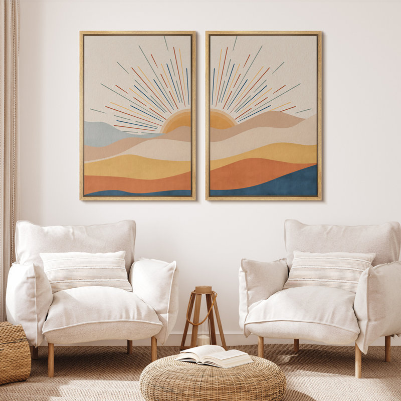 «Sun and Moon Western Desert Sunrise Mid Century Modern», reproduction d'art sur toile 2 pièces, H 36 po x l 48 po x P 1,5 po