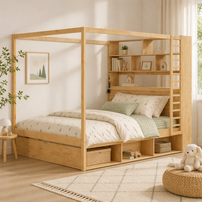 Grand lit plateforme à baldaquin en bois avec tête de lit bibliothèque, lumières DEL RVB, ports de chargement USB, casiers de rangement sous le lit, tiroir du pied de lit et support de suspension réversible, naturel