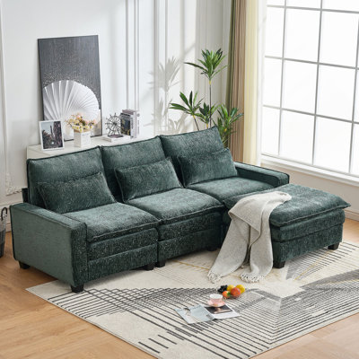 Canapé modulaire 99 po en forme de nuage profond, canapé modulaire confortable en forme de L en chenille pour salon, canapé rembourré à 4 places avec repose-pieds mobile, vert