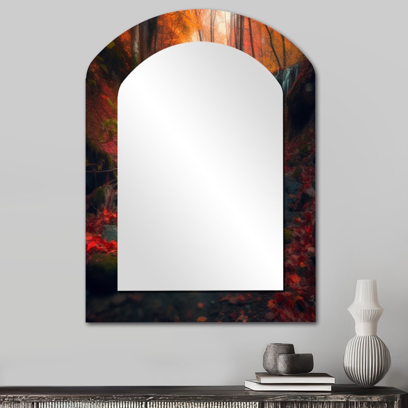 Miroir décoratif asymétrique Waterfall In Fall Forest I - Mountains, 34 po x 25 po