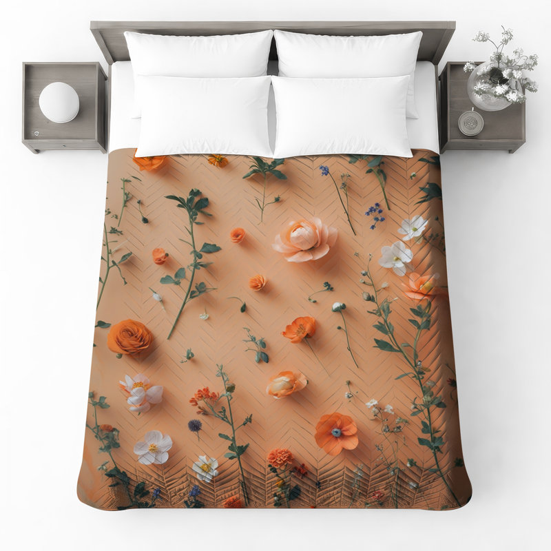 Couvre-lit floral orange, Lit simple