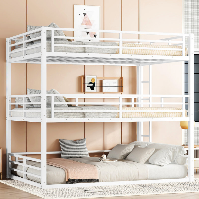 Grand lit superposé en métal blanc avec structure et caractéristiques pour un espace - Lit triple avec efficacité, barrières de sécurité et utilisation domestique sans bruit