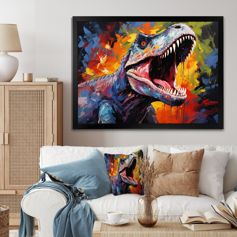 Dinosaure Trex rugissant coloré I - art de mur de dinosaure, Cadre d'angle fermé noir, H 30 po x l 40 po x P 1,5 po