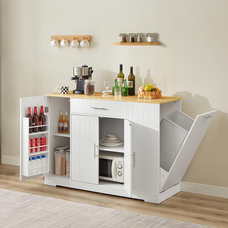 Îlot de cuisine 53 po avec rangement pour poubelle, grand comptoir, tiroir et tablettes réglables de 53 po, Blanc