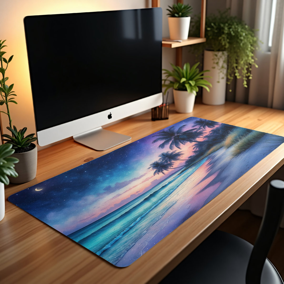 Tropical Starry Night Beach Desk Mat, Palm Tree Ocean Waves Art, Dreamy Watercolor Landscape, Celestial Twilight, Crescent Moon Fantasy