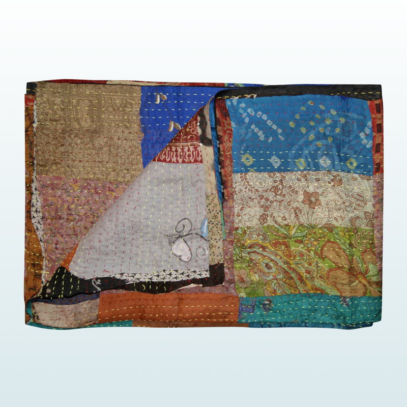 Jeté en coton avec broderie Trio, L 59,78 po x l 89,73 po, Bleu / brun / patchwork vert