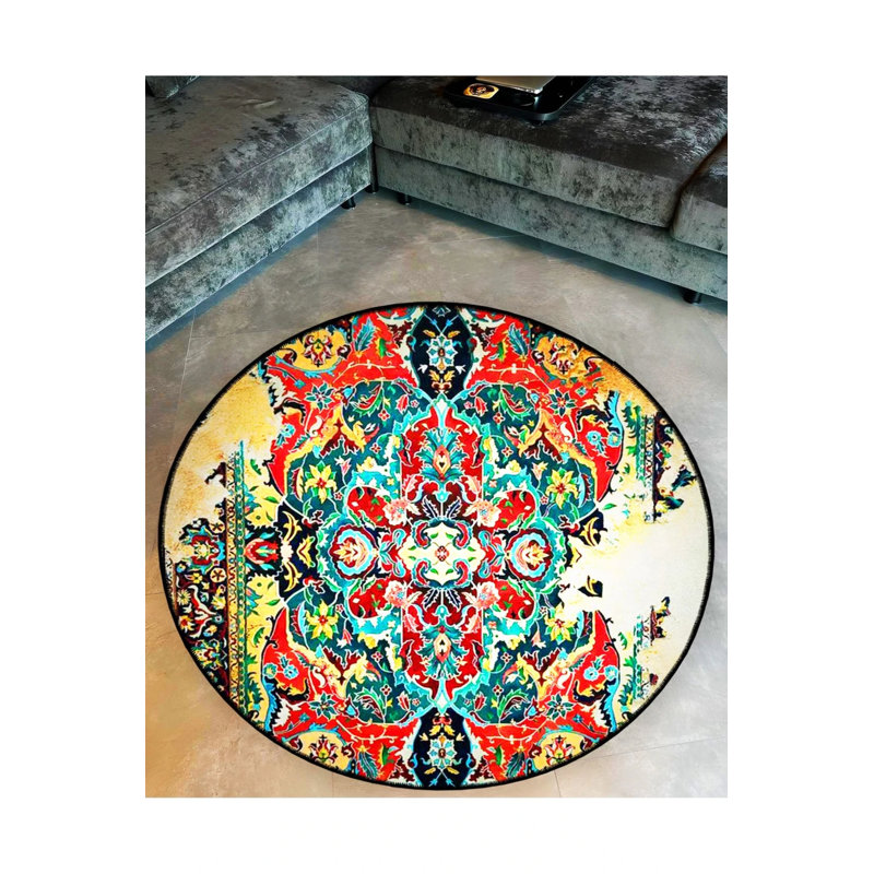Multicolored Traditional Patterned Woven Base Decorative Carpet, Round 2'8"