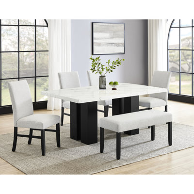 Rectangular 6pc Dining In Modern Design: White Marble - Like Table, Dark Base, Upholstered Seating For Room Decorative Style