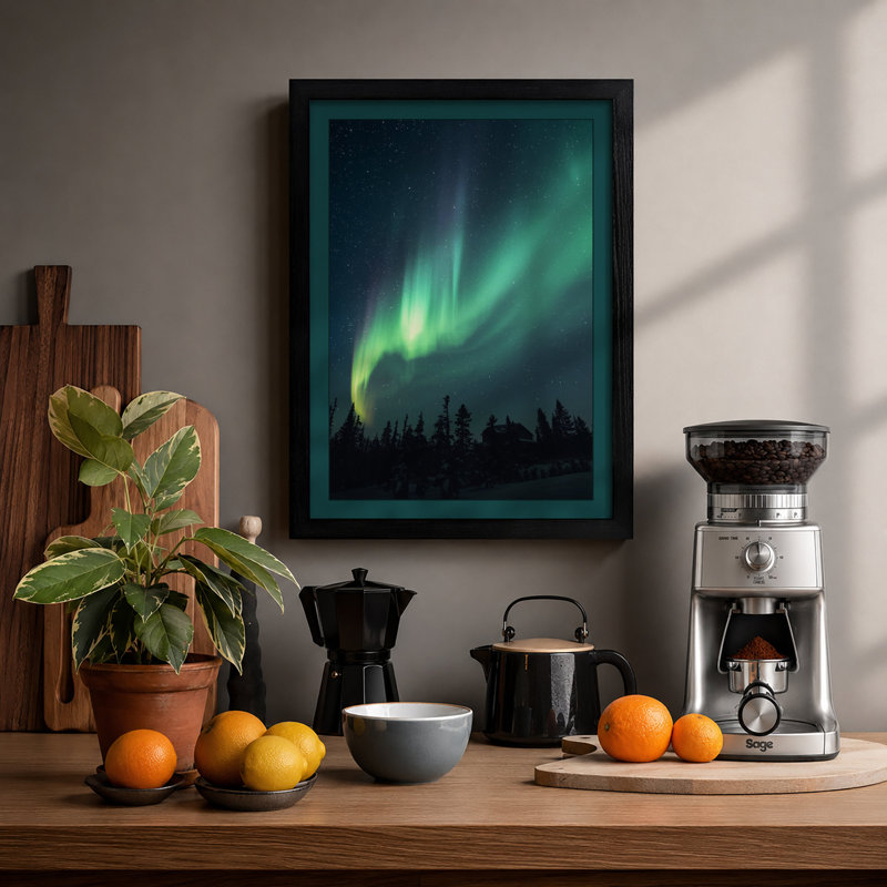 Aurora Over Silent Forest Scandinavian - Framed Print, A2 - 59.4 x 42.0 cm, Black