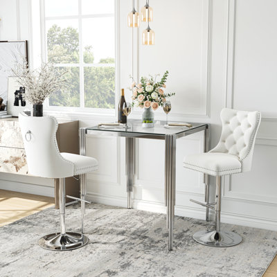 2-Person Square Glass Bar Table Set – 37" Tempered Glass Counter-Height Dining Table With Velvet Swivel Tufted Bar Stools, Modern Kitchen & Home Bar