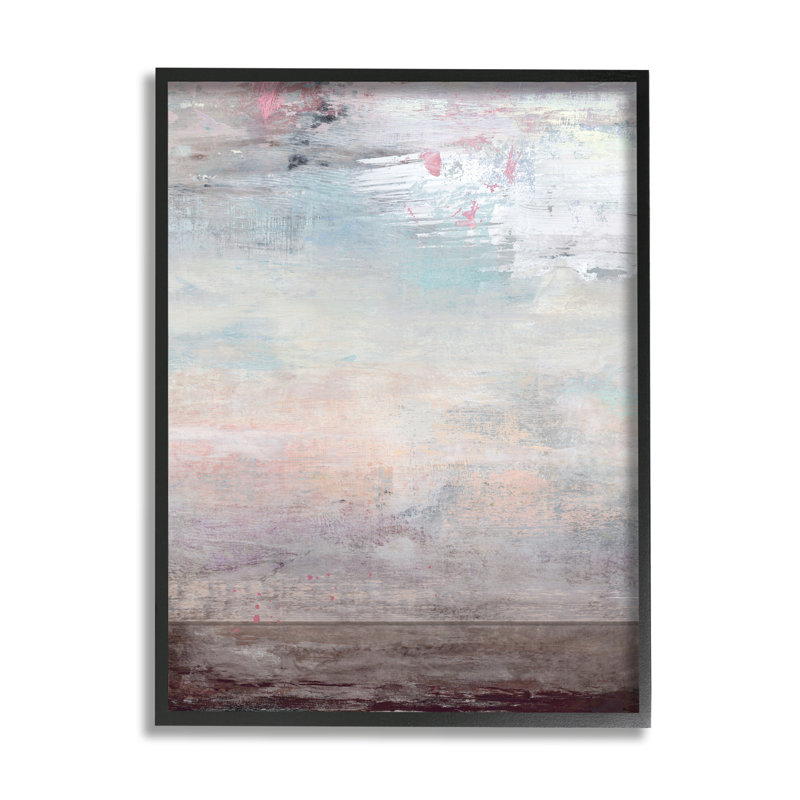 Atmospherique abstrait ciel mauve et terre grunge, H 24 po x l 30 po, Cadre noir