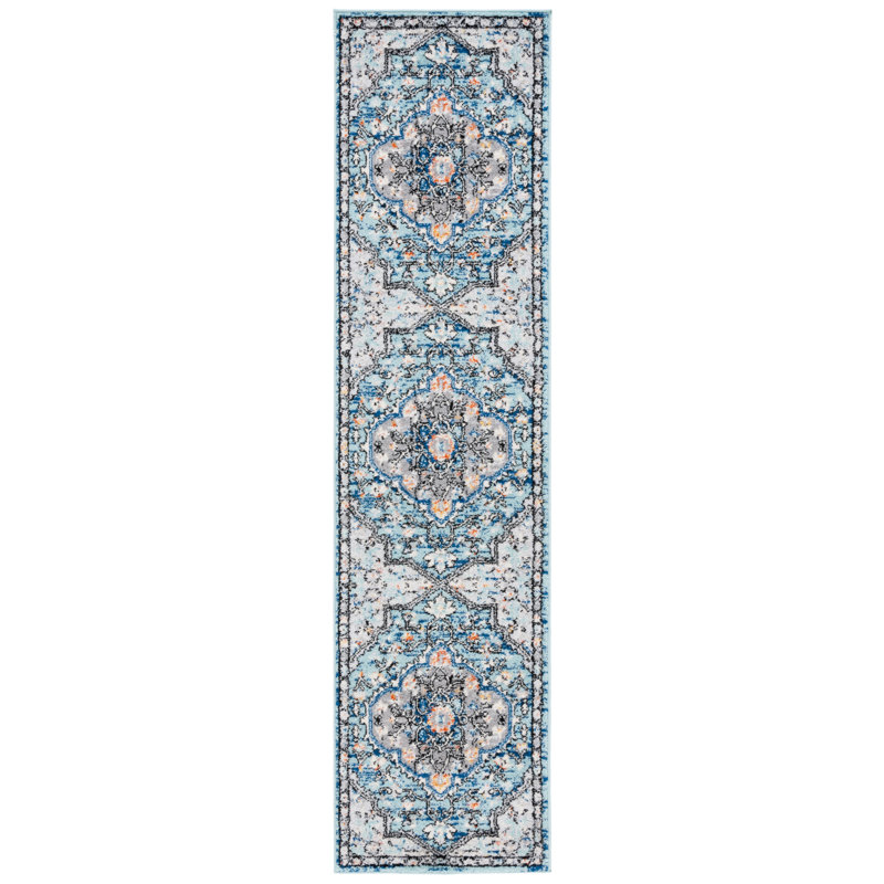 Tapis oriental bleu / gris en polypropylène / jute tissé à la machine Davod, Tapis de couloir 2 pi x 8 pi
