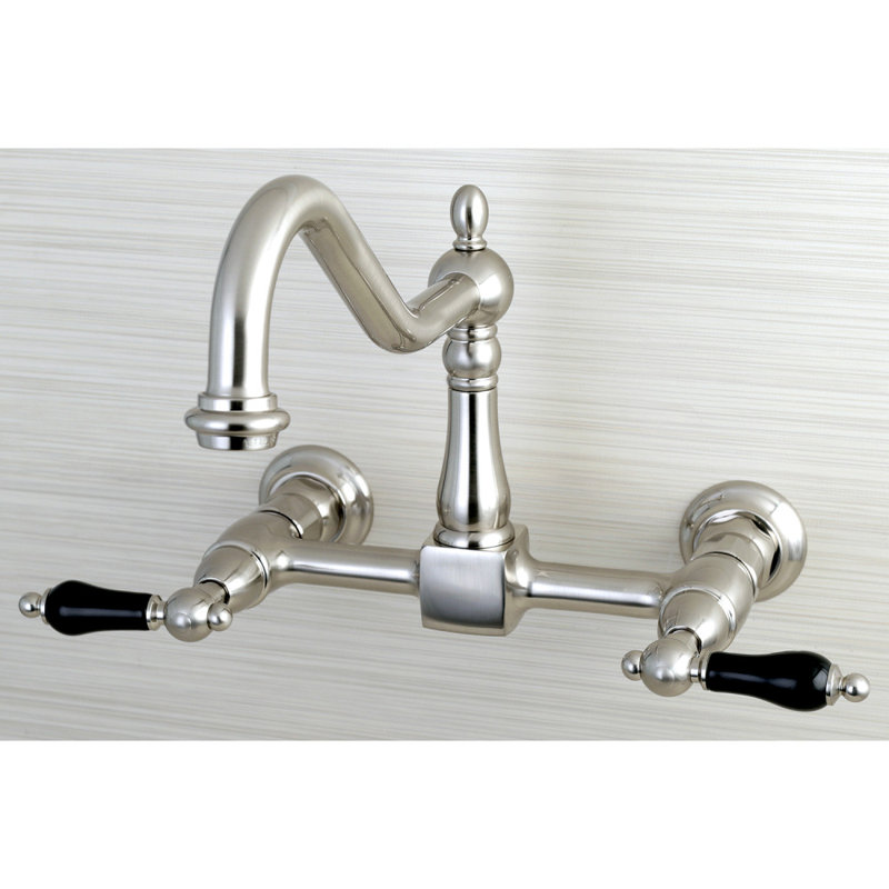 Kingston Brass Duchess Double-Handle Wall-Mount Bridge Kitchen Faucet, Brushed Nickel, Without Side Spray