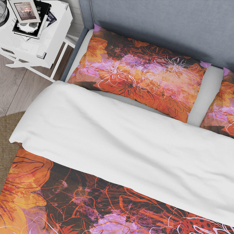 Fleurs abstraites orange et mauves - ensemble de housse de couette moderne - microfibre de polyester
