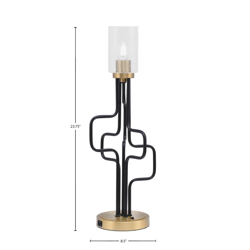Lampe d'appoint Amarmula, avec ports USB, fini noir mat et laiton vieilli, verre bullé transparent de 4 po, Doré, Clair