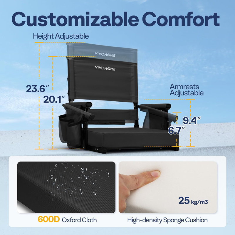Height Adjustable High Back Stadium Seats with Back Support and Cushion (2 Pack), Black