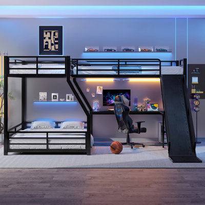 L-Shaped Twin Over Full Bunk Bed With Twin Size Loft Bed, Metal Triple Bunk Bed With Slide And USB Ports, Space-Saving And Noise-Free Design, Black