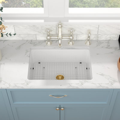 27" L x 19" W White Fireclay Drop-In/Undermount Kitchen Sink with Sink Grid and Basket Strainer