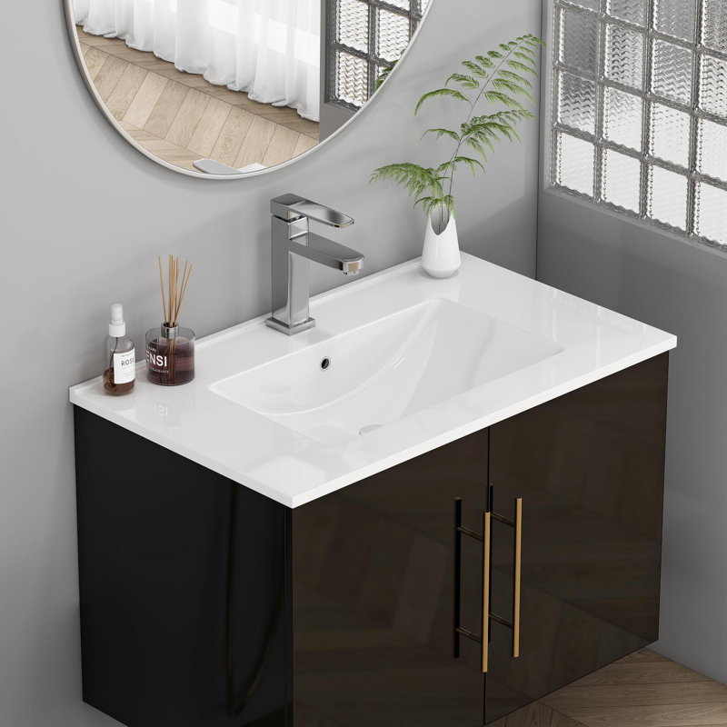30-Inch White Ceramic Bathroom Sink, Fits 30-Inch Vanity,Pre-Drilled Faucet Hole,Modern Minimalist Design,Durable & Easy to Clean