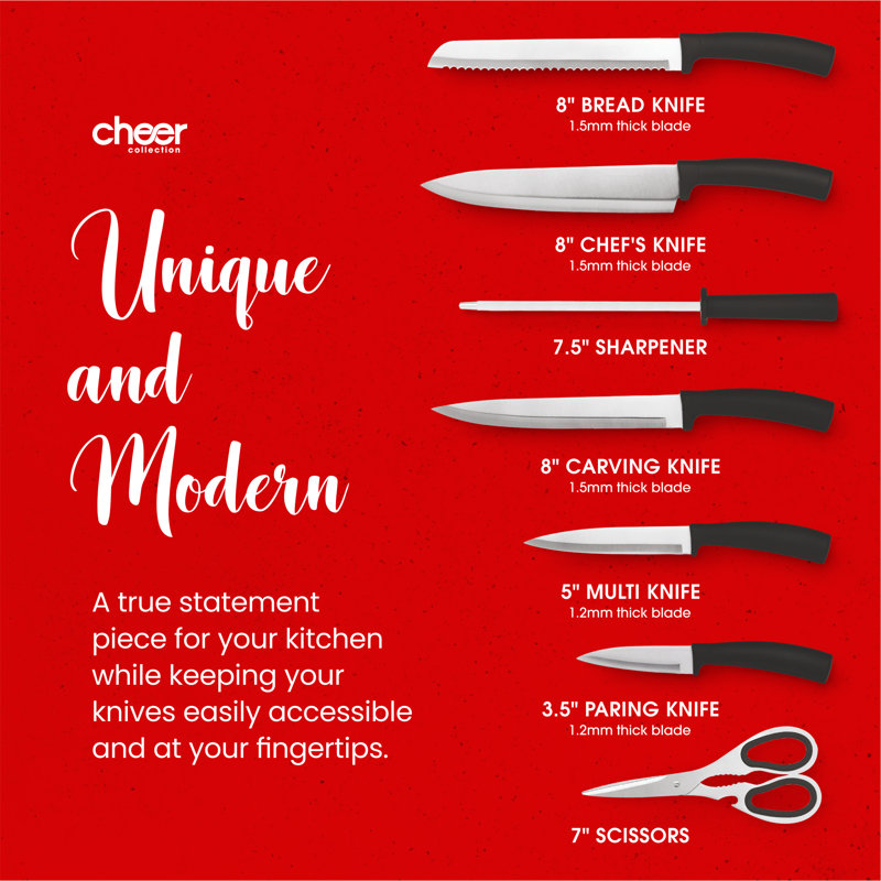 Cheer Collection 8 Piece Stainless Steel Kitchen Knife Set with Swivel Stand