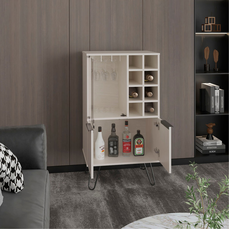 Aster 23" Wide Double Door Bar Cabinet and Glass door comparment, Eight bottle cubbies and stemware