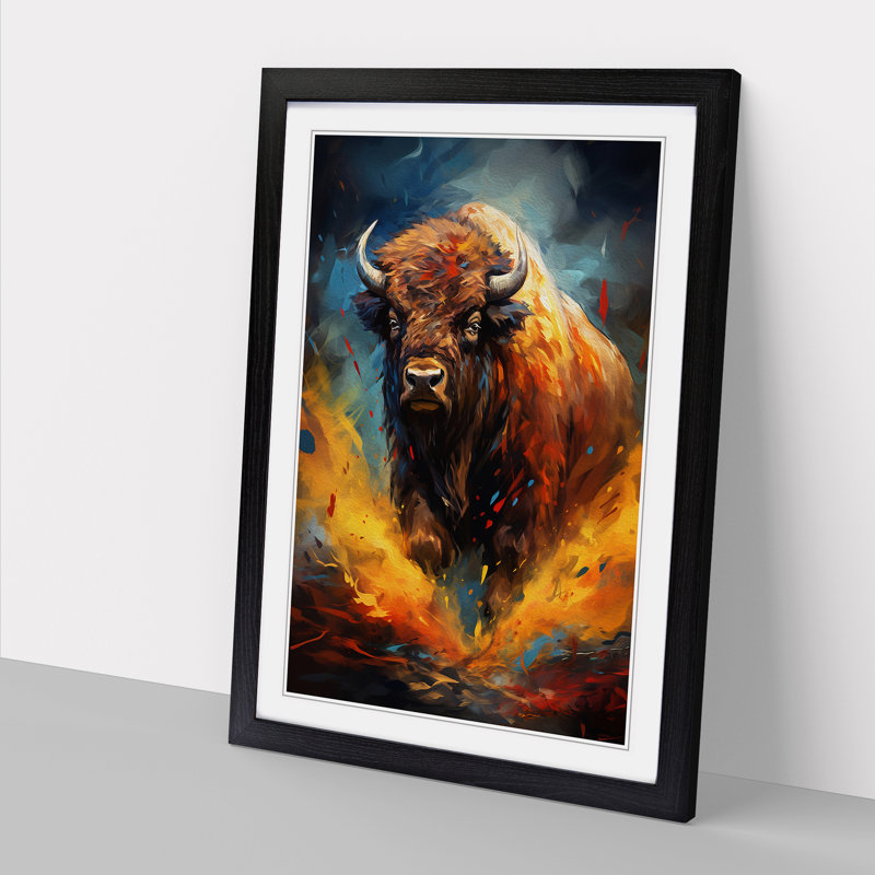 Bison Gestural Art - Framed Print, 46cm H x 34cm W x 2cm D, Black Framed