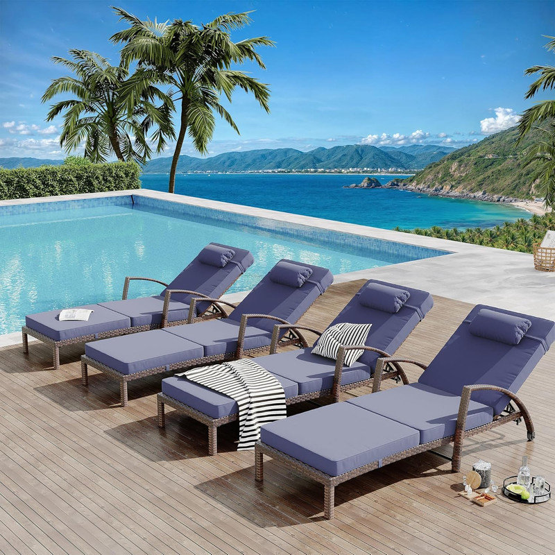 2 Piece Patio Lounge Chairs Set, Adjustable Wicker Chaise Loungers with Cushions & Pillows for Outdoor, Blue