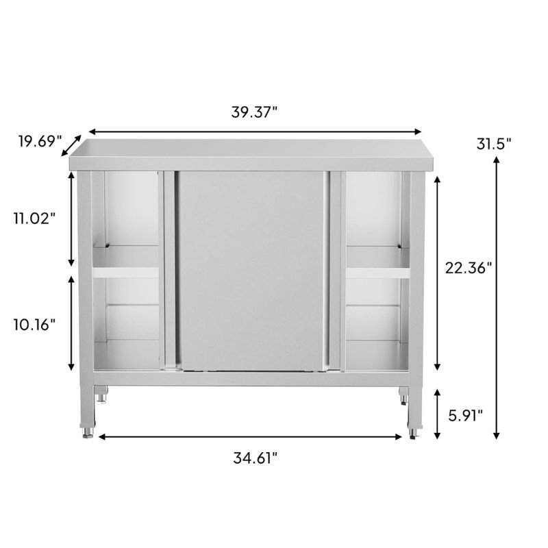 39 X 19 Inches Stainless Steel Prep Table With Cabinet And 2 Sliding Doors
