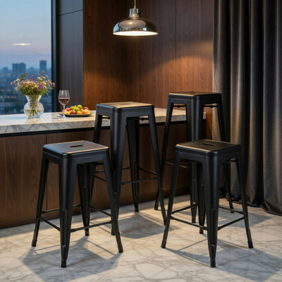 4-Pack Stackable Tolix-Style Metal Bar Stools, 24 Inch Counter Height, Indoor/Outdoor Use, Black