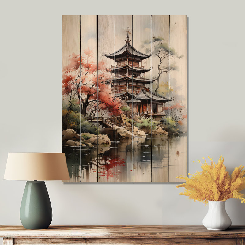 «Asian Art Serene Pagoda IV», impression sur bois naturel, H 20 po x l 10 po x P 0,78 po