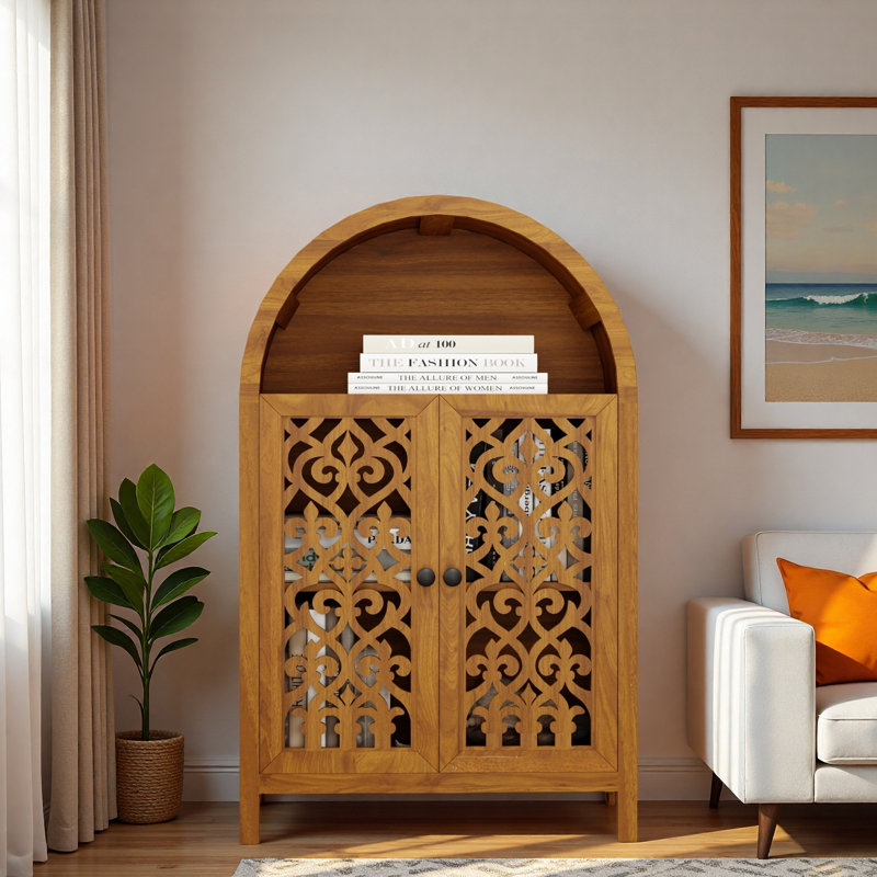 Armoire décorative arquée sculptée à la main avec tablette ouverte et plateau arqué