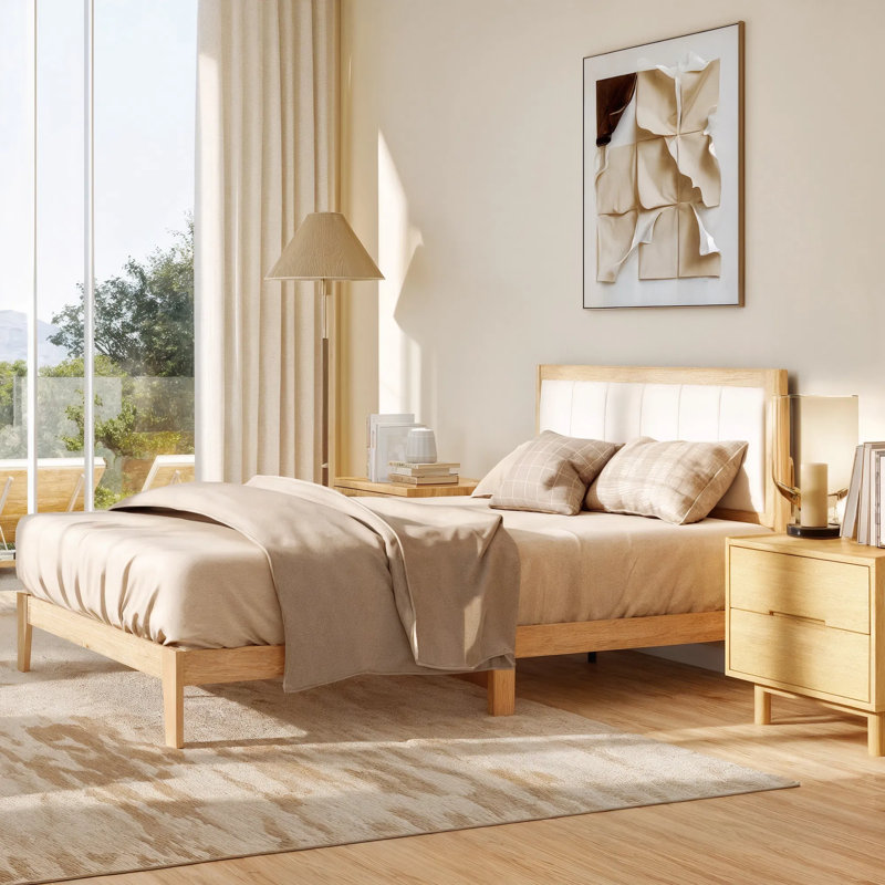 Structure de lit double avec tête de lit, lit plateforme double avec lattes de bois, aucun sommier requis, assemblage facile, finition chêne moderne de style Mid-Century