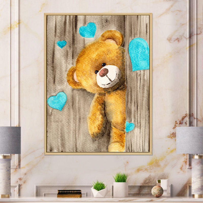 Adorable ourson brun avec cœurs bleus - reproduction sur toile, H 40 po x l 30 po x P 1,5 po, Cadre flottant brun