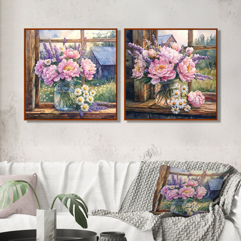 Blush pivoine et lavande - mélange de bouquets assortis - art mural traditionnel sur toile, 2 pièces, H 36 po x l 73 po, Brun