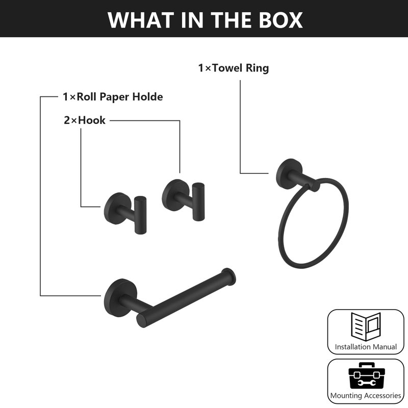 Bathroom Hardware 4-Piece Bath Hardware Set With Towel Ring, Robe Hook, Toilet Paper Holder, Matte Black