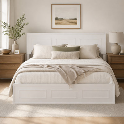 Queen Size Bed With Adjustable Height Headboard, Pine Wood  Bed With Strengthened Bed Frame