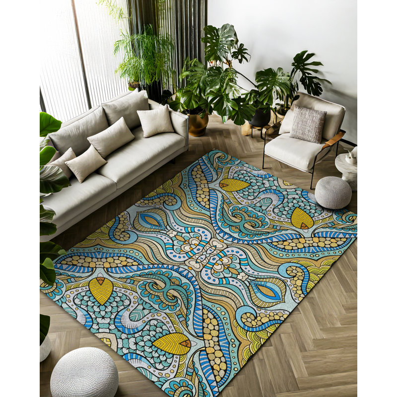 Florest Collection Digital Print Cotton-Polyester Blue Floral Rug, Runner 2'8" x 14'10"