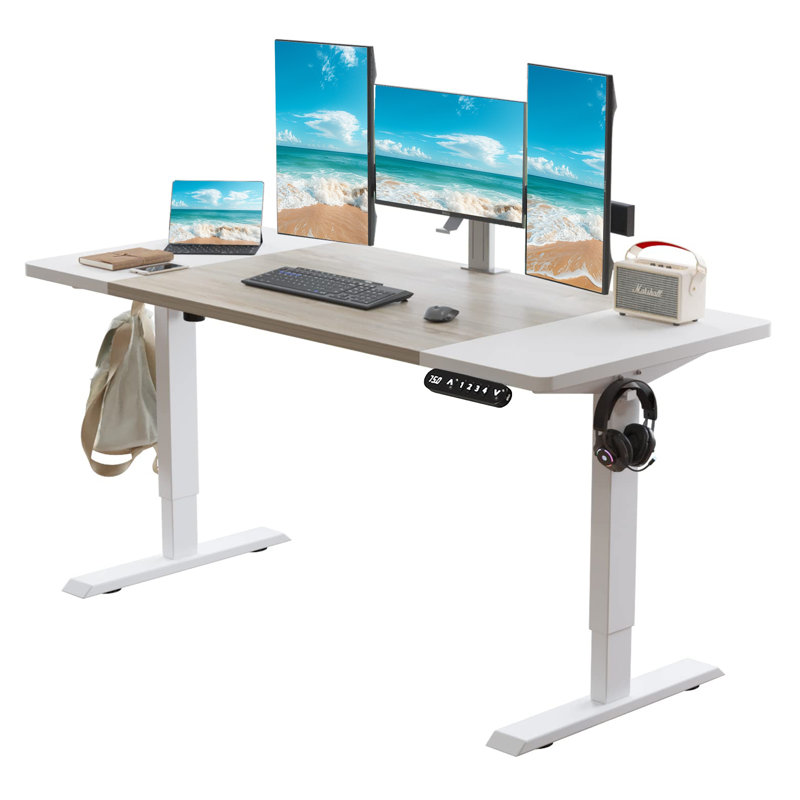 Bureau debout électrique à hauteur ajustable 63 po x 30 po, bureau d'ordinateur personnel assis-debout avec planche de raccordement, contrôleur de préréglage de mémoire, gestion des câbles - pieds blancs et bureau en chêne clair / blanc