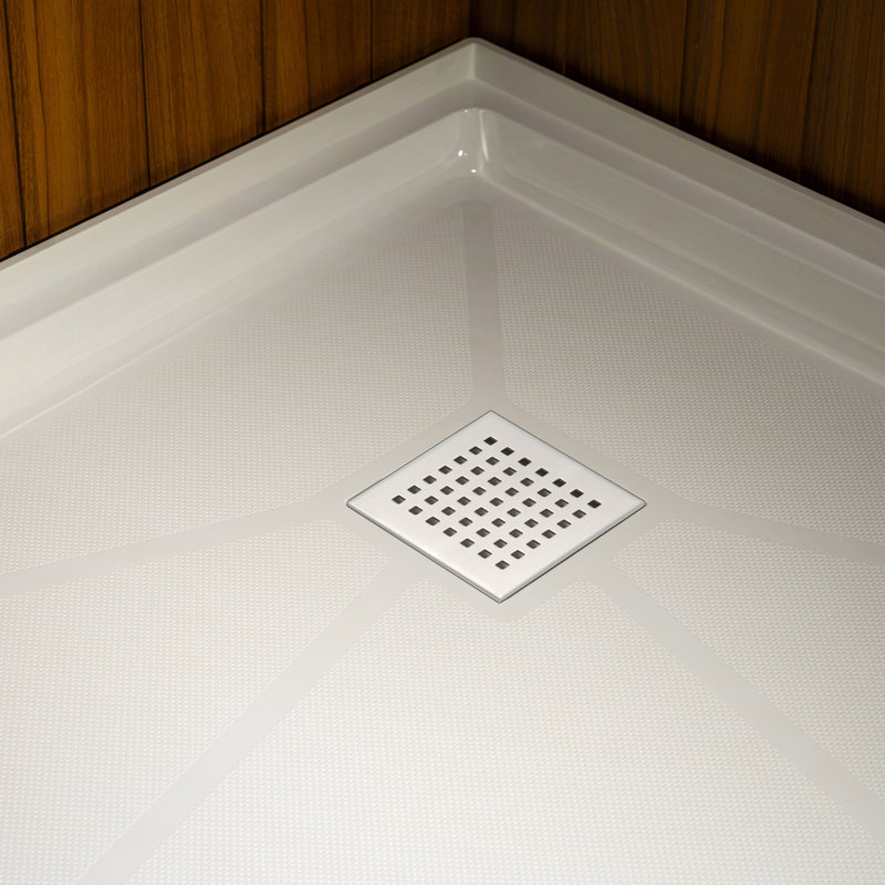 Pont en bois 38 po X 38 po Couvercle de drain de base de douche à surface solide Neo-Angle, Chrome/blanc