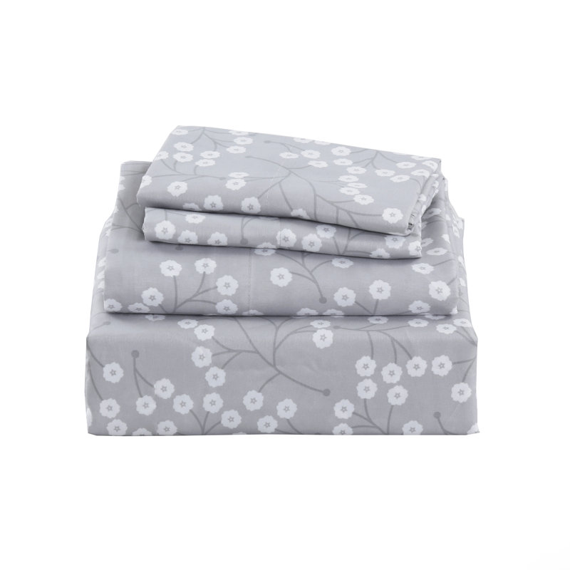 Hijiri Microfiber Sheet Set, Full/Double, Grey, Floral