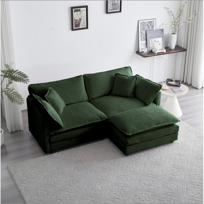 Canapé en chenille deux places avec 1 repose-pieds, canapé modulaire en L avec repose-pieds 2 places, causeuse avec repose-pieds pour petit espace de vie