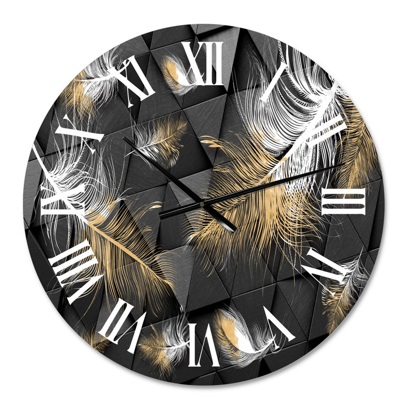 Plumes blanches et dorées sur triangulaire - horloge murale moderne, Moyen