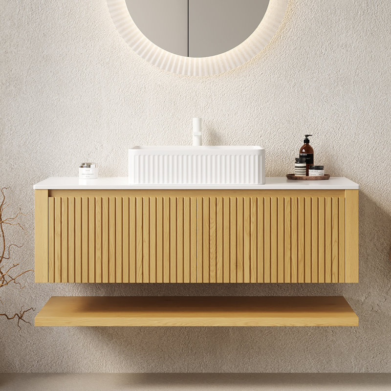 Meuble-lavabo en bois massif rayé de 48 po avec lavabo vasque Heider, armoire de rangement murale moderne en contreplaqué flottant, chêne Corolla