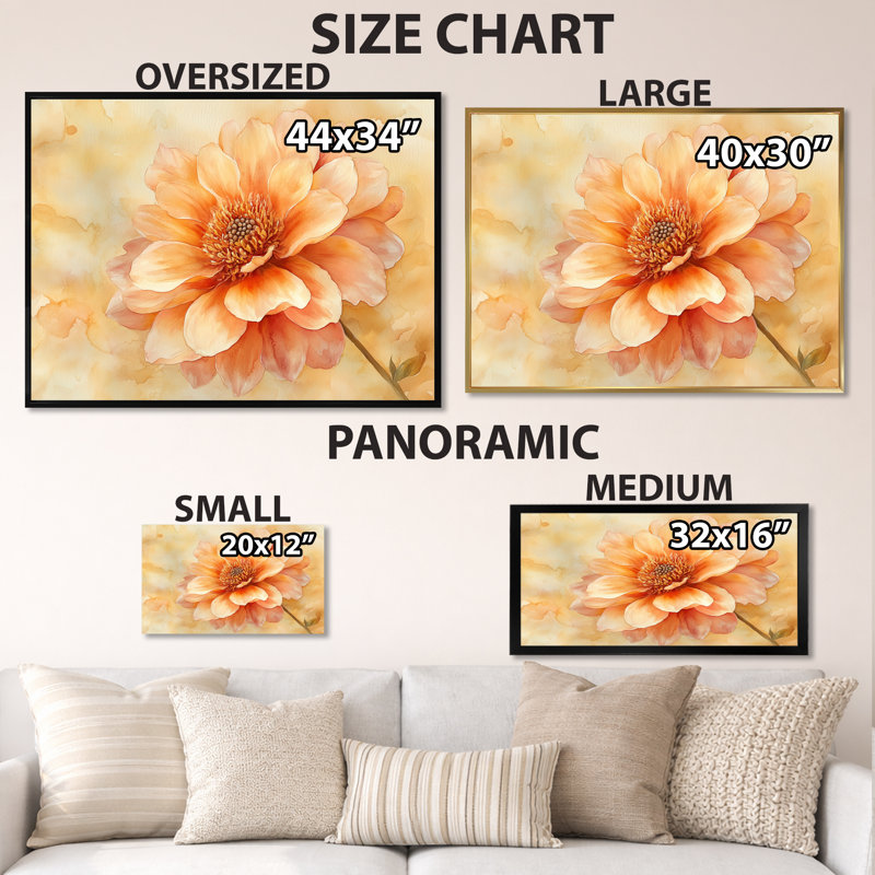 «Earth Tone Floral Dahlia I», art mural encadré botanique orange, H 34 po x l 44 po, White Picture Framed