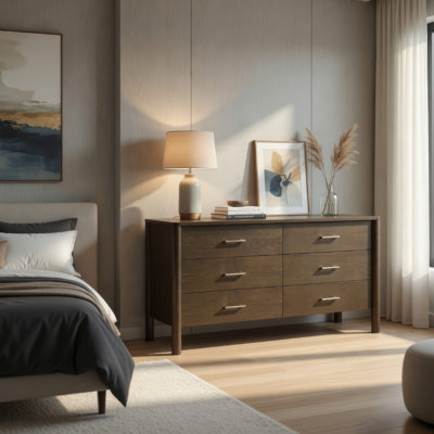 Cid Caro Wide Dresser, 6 Drawers, Wenge Brown Rubberwood