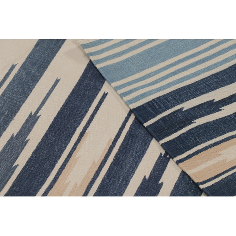 Rug & Kilim’S Indian Dhurrie Rug In Navy And Cream With Geometric Borders