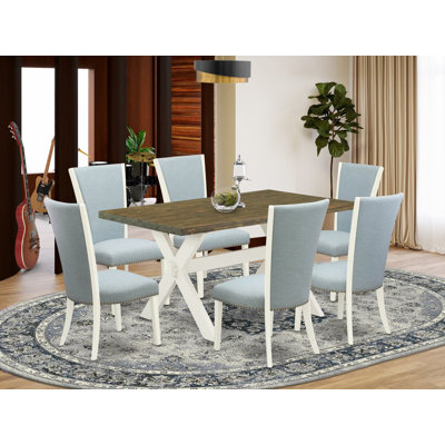 Ensemble de salle à manger 7 pièces composé d'une table de salle à manger rectangulaire avec pieds en X et 6 chaises Parson rembourrées en tissu bleu bébé, lin brossé blanc