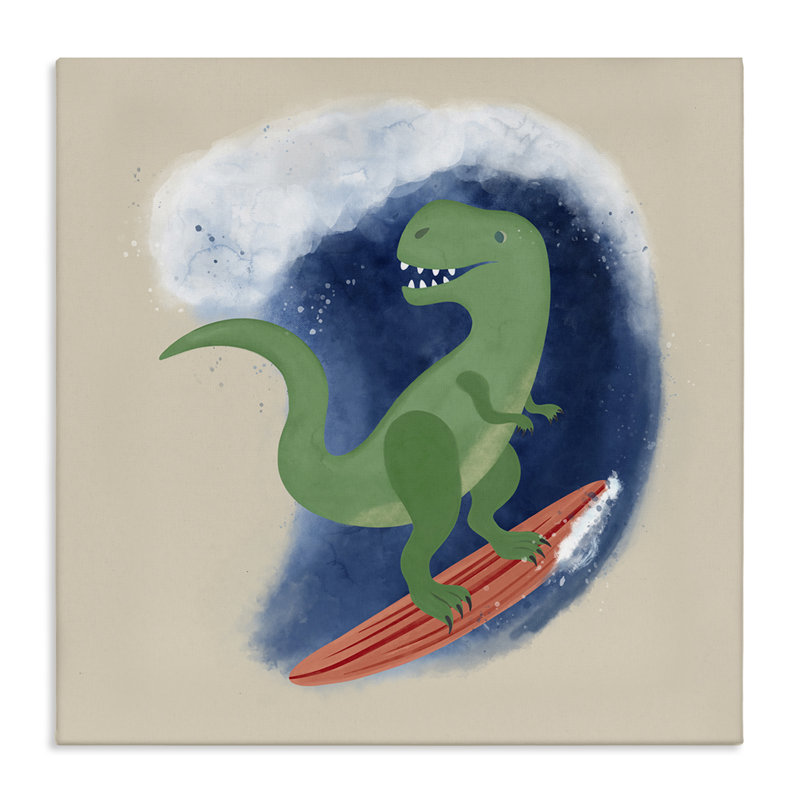 «Surfing Dino T-Rex», art mural sur toile par Carrie Cantwell, H 30 po x l 30 po