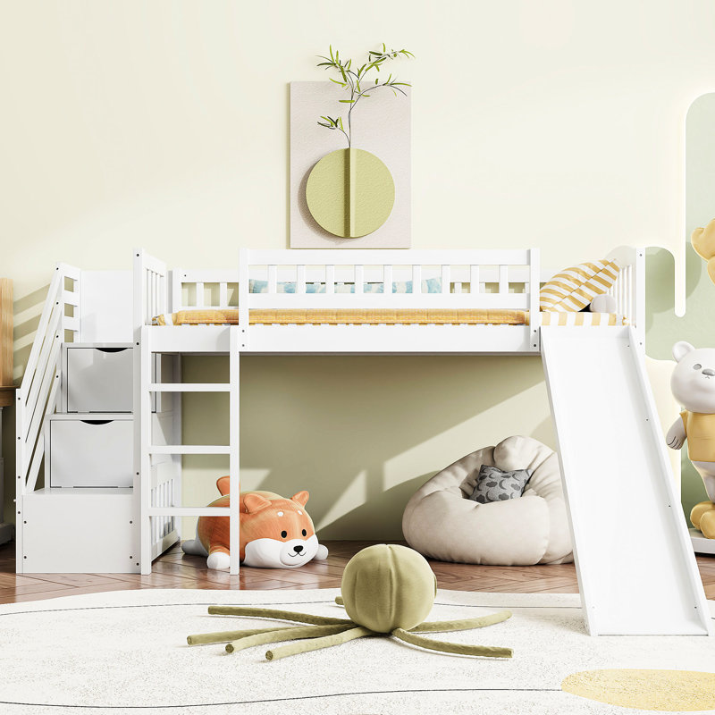 White Twin Loft Bed With Slide, Drawers And Built - In Staircase, Pine, Full Length Guardrails, Space Efficient Bedroom Decor Size Stairway Bed, Color, Convertible Slide Two Drawers, Pine Wood Frame,